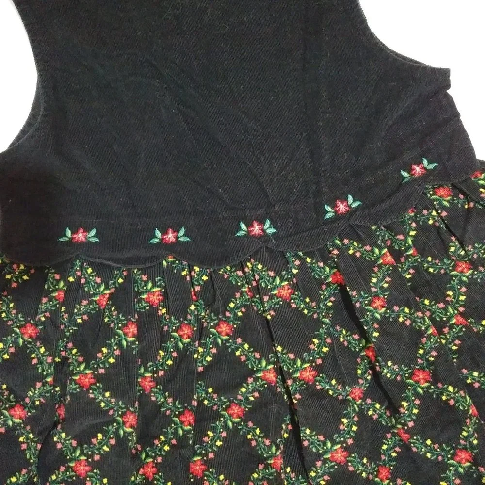Gymboree Black Corduroy Floral Poinsettia Holiday Garland Dress Girls XXL 6-7yrs